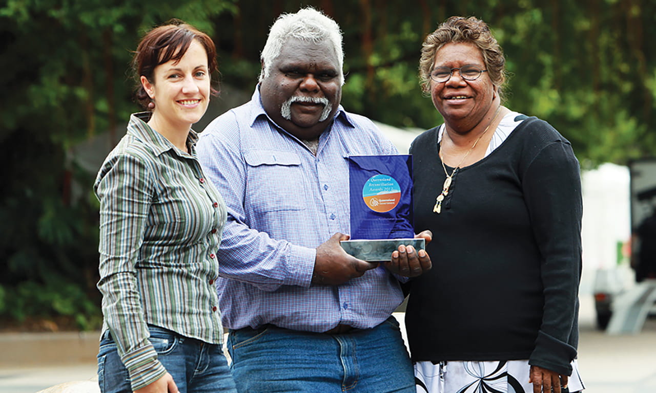 Aurecon sponsored indigenous project, Bana Yarralji Ranger Base, won an award at the 2012 Queensland Reconciliation Awards. (L-R: Caitlin Pilkington, Peter and Marilyn Wallace).