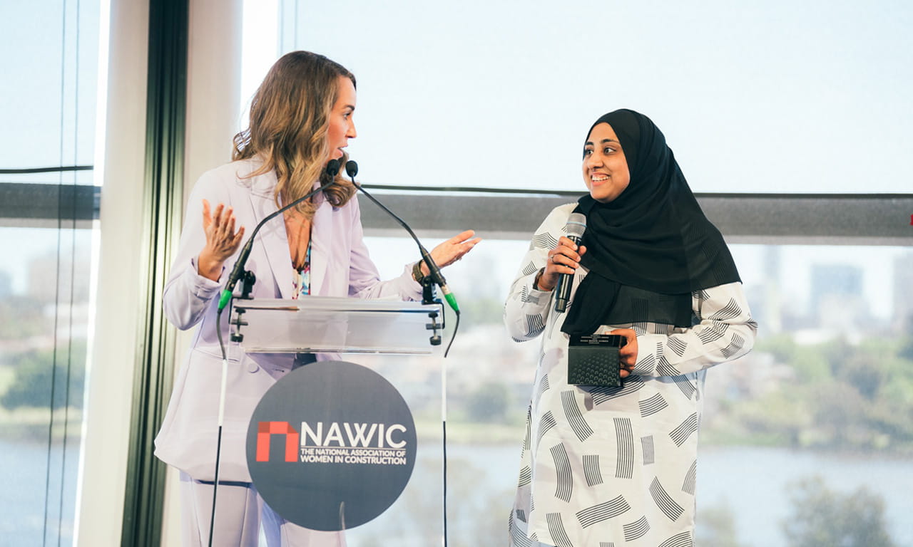 Aurecon’s Saba Munir Ahmed receiving her Emerging Talent Award in Western Australia. Image courtesy of NAWIC WA.