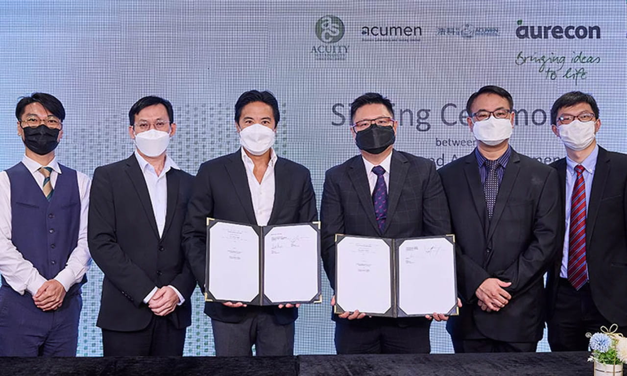 Alton Chow (third from left), Managing Director, Aurecon Greater China and Jacky Leung (third from right), Founder of Acuity Sustainability Consulting Limited and Director at Acumen Environmental Engineering &amp; Technologies Limited with leaders of Aurecon, Acuity and Acumen at the contract signing ceremony.