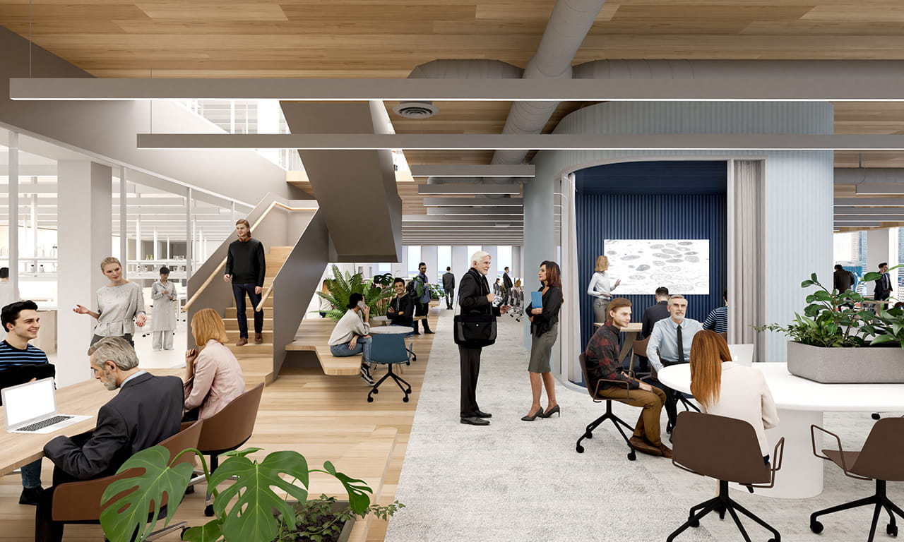 Industry engagement spaces will create an innovation-focused entrepreneurial environment. Artist impression by Wardle.