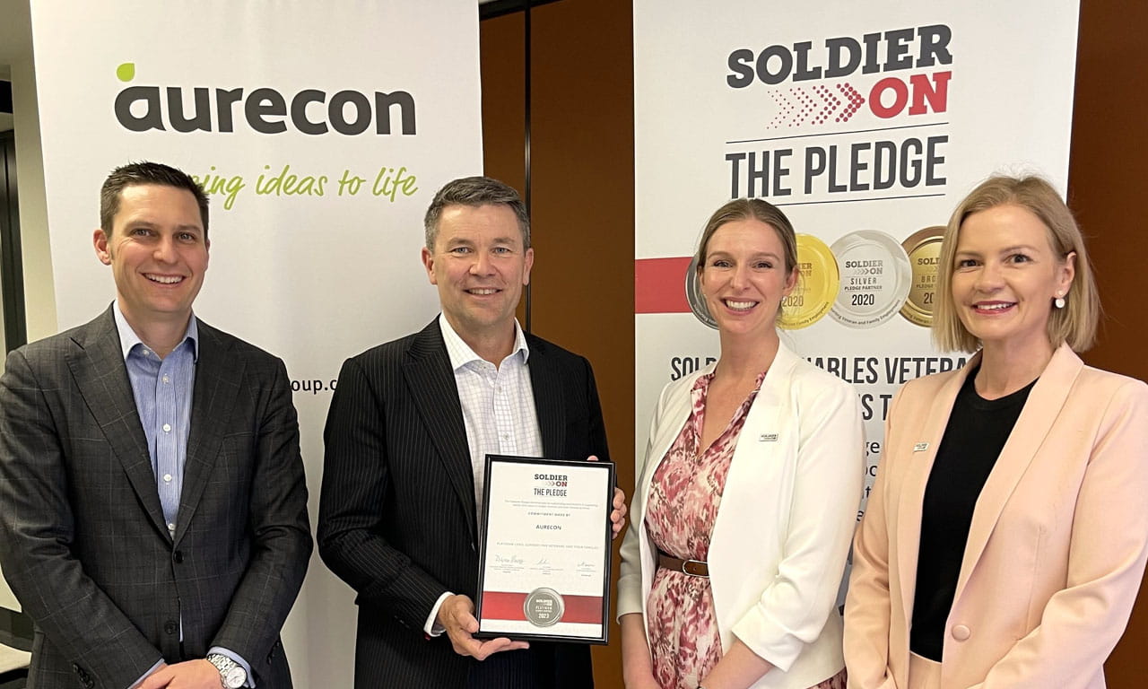 L-R: Ian Layzell (Principal, Defence & National Security – Australia, Aurecon), Damon Howes (Aurecon Managing Director, Defence & National Security – Australia, Aurecon), Amy Cooper (CEO at Soldier On), Victoria Dixon (National Partnerships Manager at Soldier On).