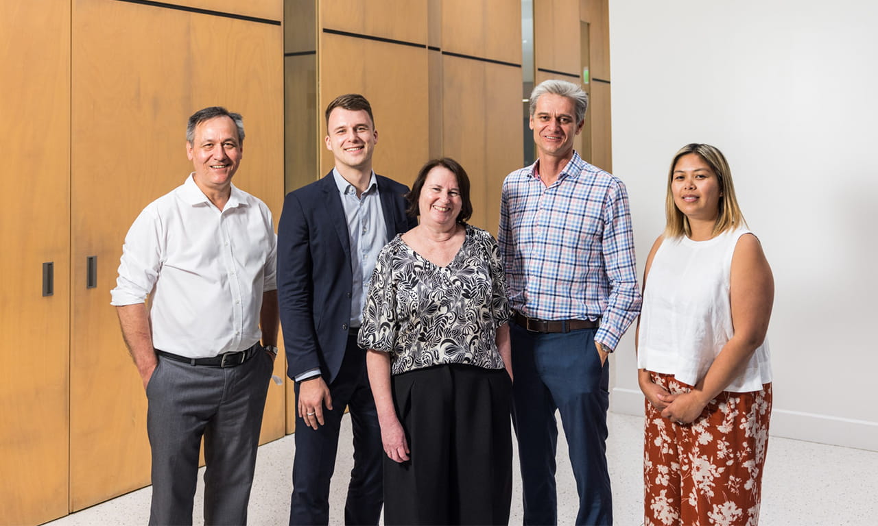 L-R: Marius Jonker (Techincal Director, Dams at Aurecon), Thibault LAUBÉ (Business Developer – Water & Energy at Tractebel), Lesa Delaere (Technical Director, Dams at Aurecon), David Thomas (Industry Director for Water, Queensland, Western Australia, and Northern Territory at Aurecon) and Chriselyn Kavanagh (Lead Civil Engineer at Aurecon)