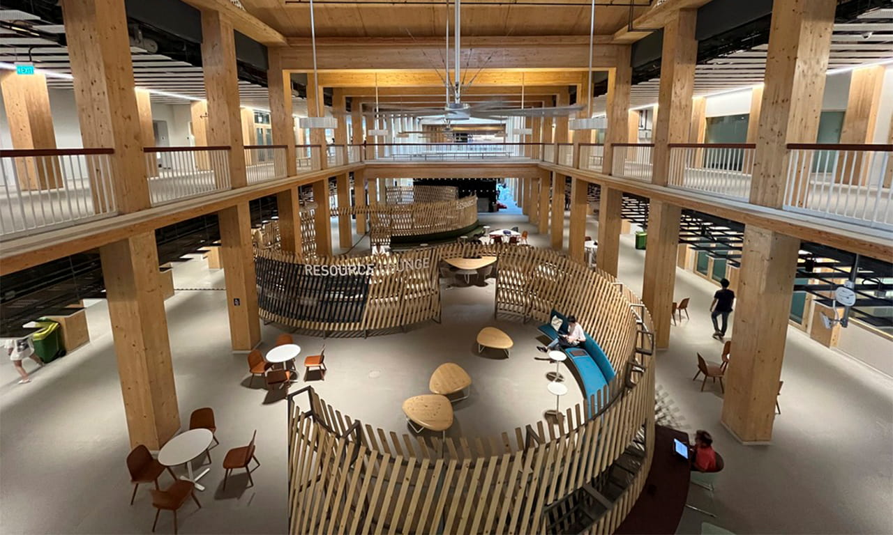 Nanyang Technological University Gaia, at 40,000 square metres, it is one of the largest timber buildings in Asia.