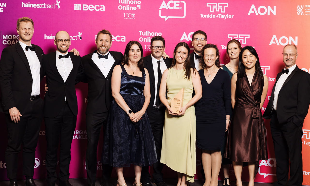 The Aurecon ACE NZ Award recipients with MC for the night Claire Lyons.