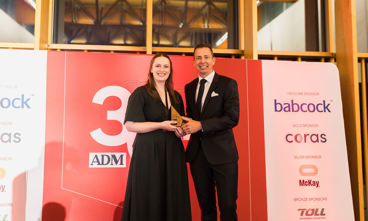 Aurecon’s Matilda Thomas-Smith receiving her Team Leadership Award in Canberra. Image courtesy of ADM. 