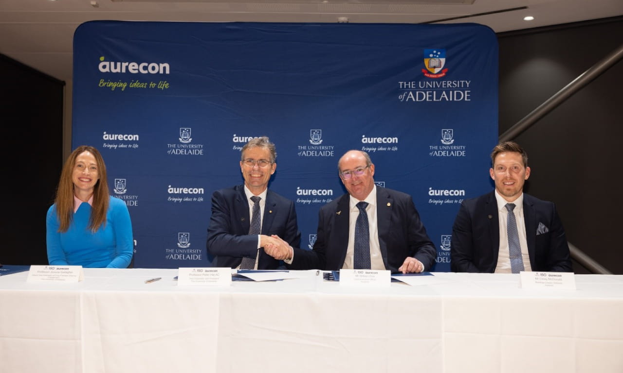 L-R: Deputy Vice-Chancellor (External Engagement) Professor Jessica Gallagher, University of Adelaide Vice-Chancellor and President Professor Peter Høj AC, Aurecon Chief Executive Officer William Cox, and Corey McDonald, Aurecon Buildings Leader, Adelaide.