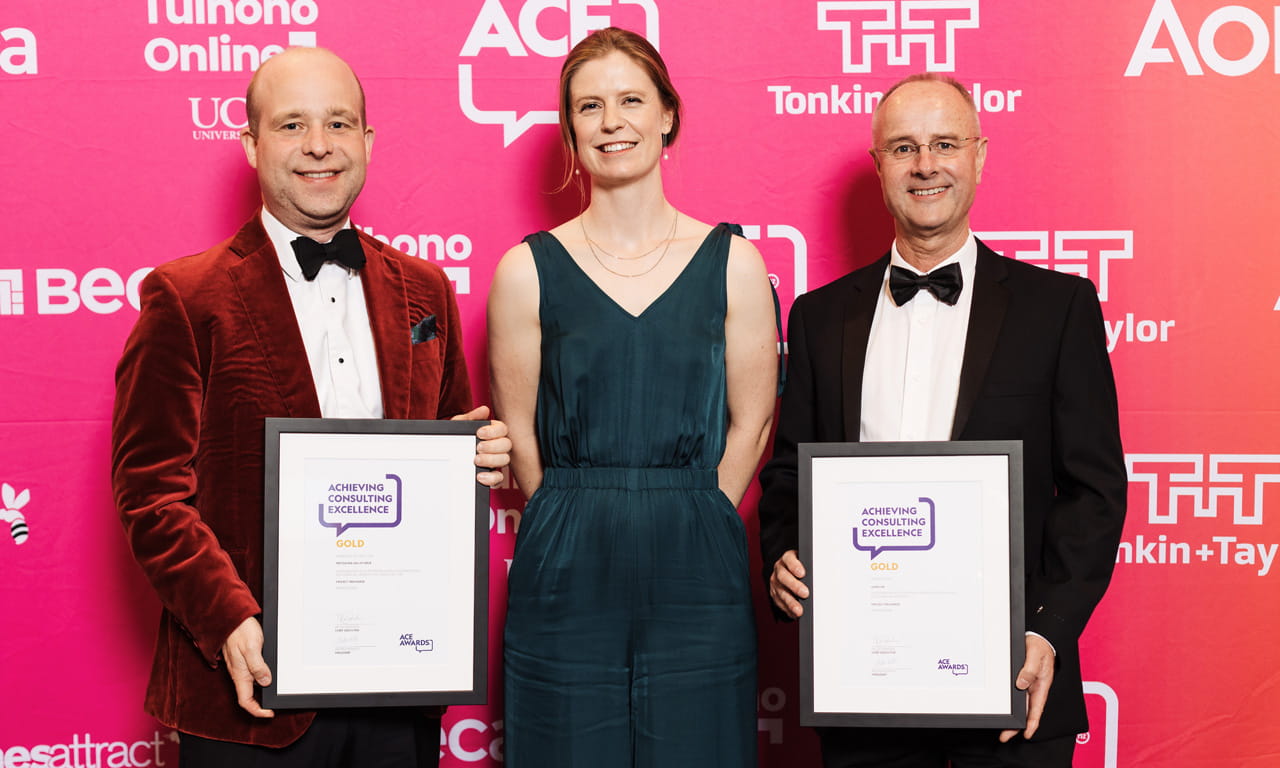 Gold Award winner Project Recharge, left to right Adam Warburton (MVM) with Tessa De Silva and Robert Barrack (both Aurecon).