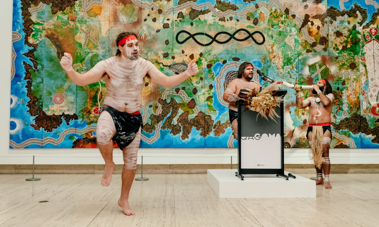 QAGOMA's Reconciliation Circle First Nations Bespoke Dinner Welcome to Country performers Nunukul Yuggera Aboriginal Dance Company performing at QAG. See post script for further details. Photograph: Chloë Callistemon.