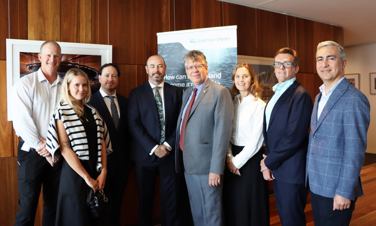 L-R: David Watt, Executive General Manager Commercial, Queensland Hydro; Stefanie Teufl, Design Engineer in Hydropower, AFRY; Paul Godden, Energy Leader, Queensland, Aurecon; Kieran Cusack, CEO, Queensland Hydro; Knut Sierotzki, Vice President Hydropower Asia/Pacific & Country Manager Australia, AFRY; Sinja Pejanovic, Pumped Storage Hydropower Development Specialist, Aurecon; Paul Gleeson, Managing Director, Energy – Australia, Aurecon; Mohsen Moeini, Hydropower Leader, Australia, Aurecon.