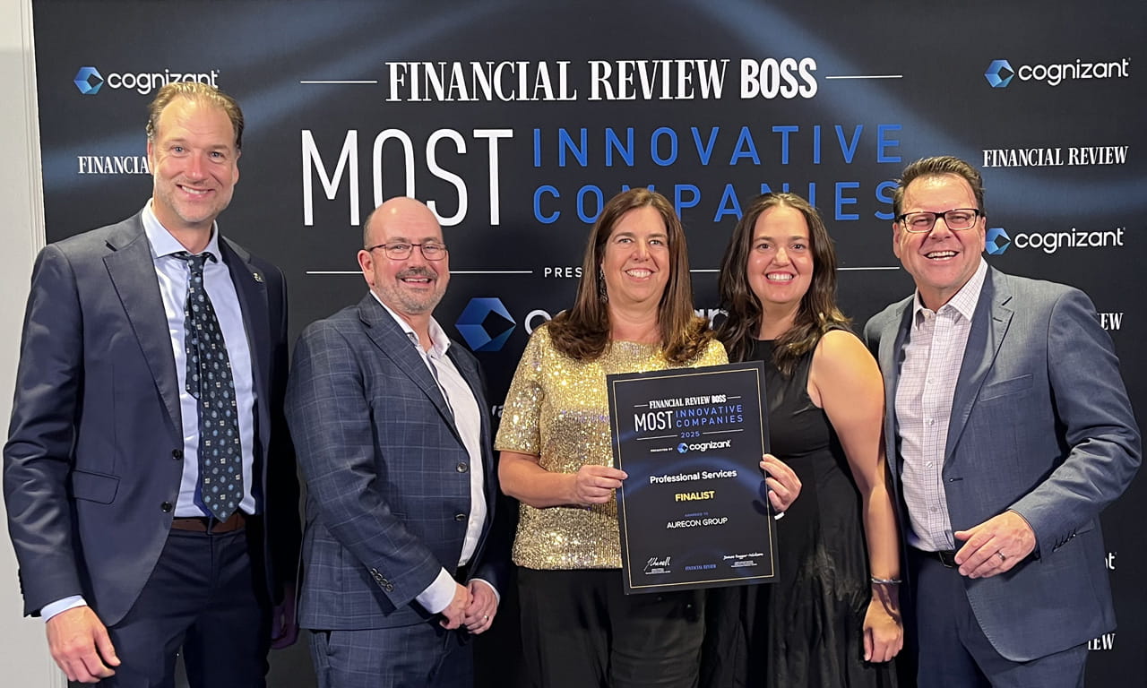 Aurecon was proud to be recognised in The Australian Financial Review BOSS Most Innovative Companies awards (Professional Services category). L-R: Braith Gilchrist, Glenn Haywood, Renene Windsor, Ivona Maric and Martin Russell.