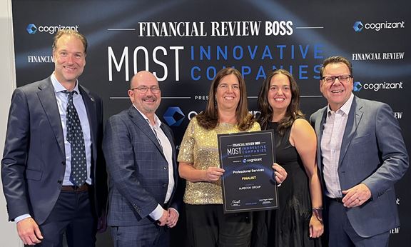 Aurecon was proud to be recognised in The Australian Financial Review BOSS Most Innovative Companies awards (Professional Services category). L-R: Braith Gilchrist, Glenn Haywood, Renene Windsor, Ivona Maric and Martin Russell.