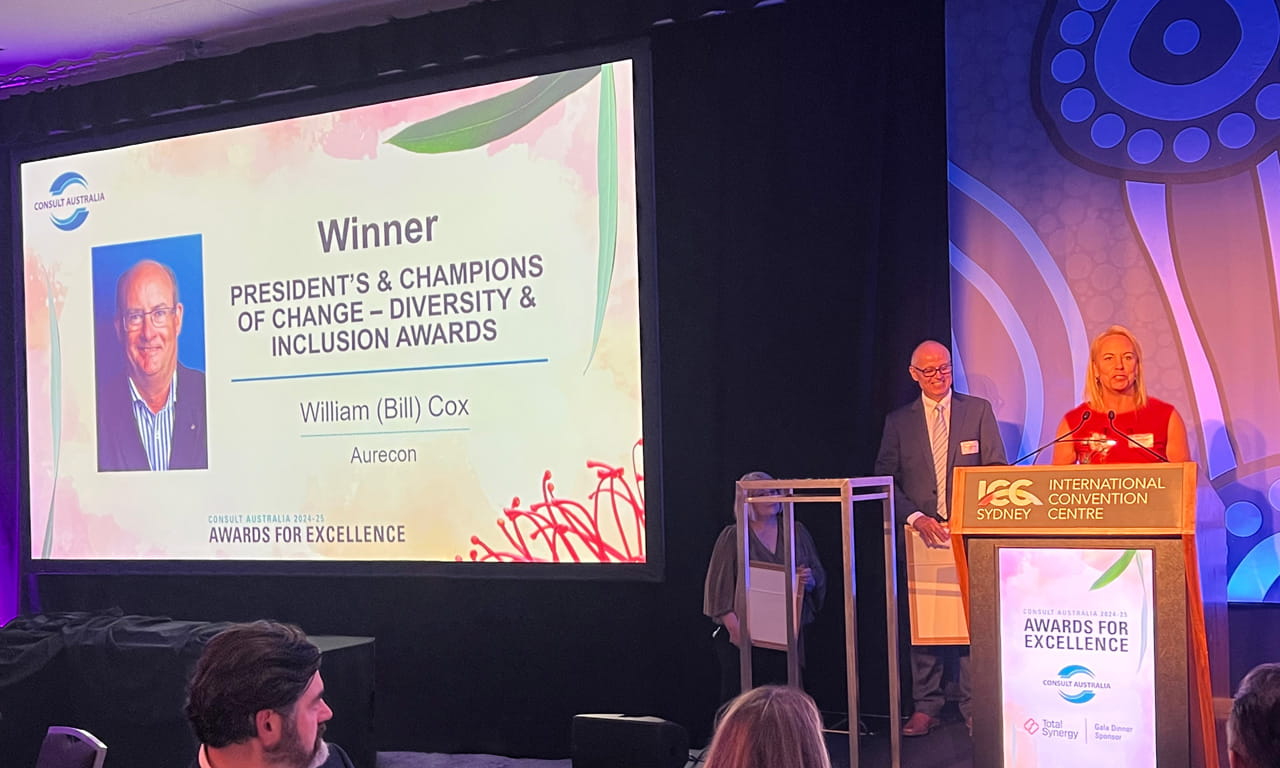 William Cox, Aurecon’s Chief Executive Officer, was recognised with the prestigious President’s Award and Champions of Change award for his exceptional contributions to the design, engineering and advisory industries and his dedication to advancing diversity and inclusion.