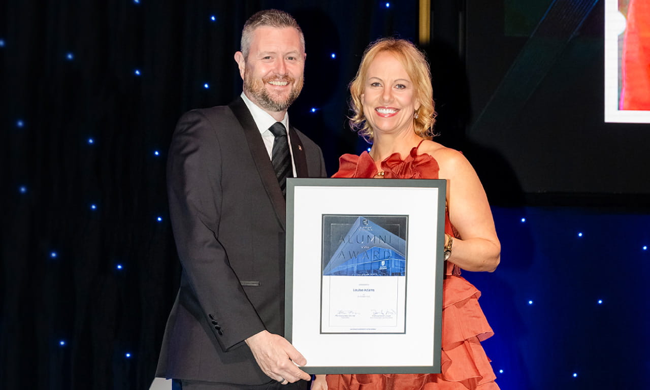Professor David Lloyd, Vice Chancellor and President of UniSA and Louise Adams, Aurecon CEO accepting her award.