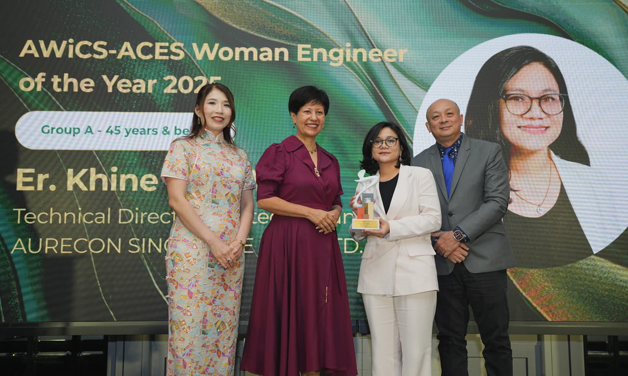 L-R: Er. Emily Tan, President, Association of Women in Construction (Singapore); Ms. Indranee Rajah, Minister in the Prime Minister’s Office, Second Minister for Finance and Second Minister for National Development; Khine Hnin Yi and Er. Chuck Kho, President, Association of Consulting Engineers Singapore.
