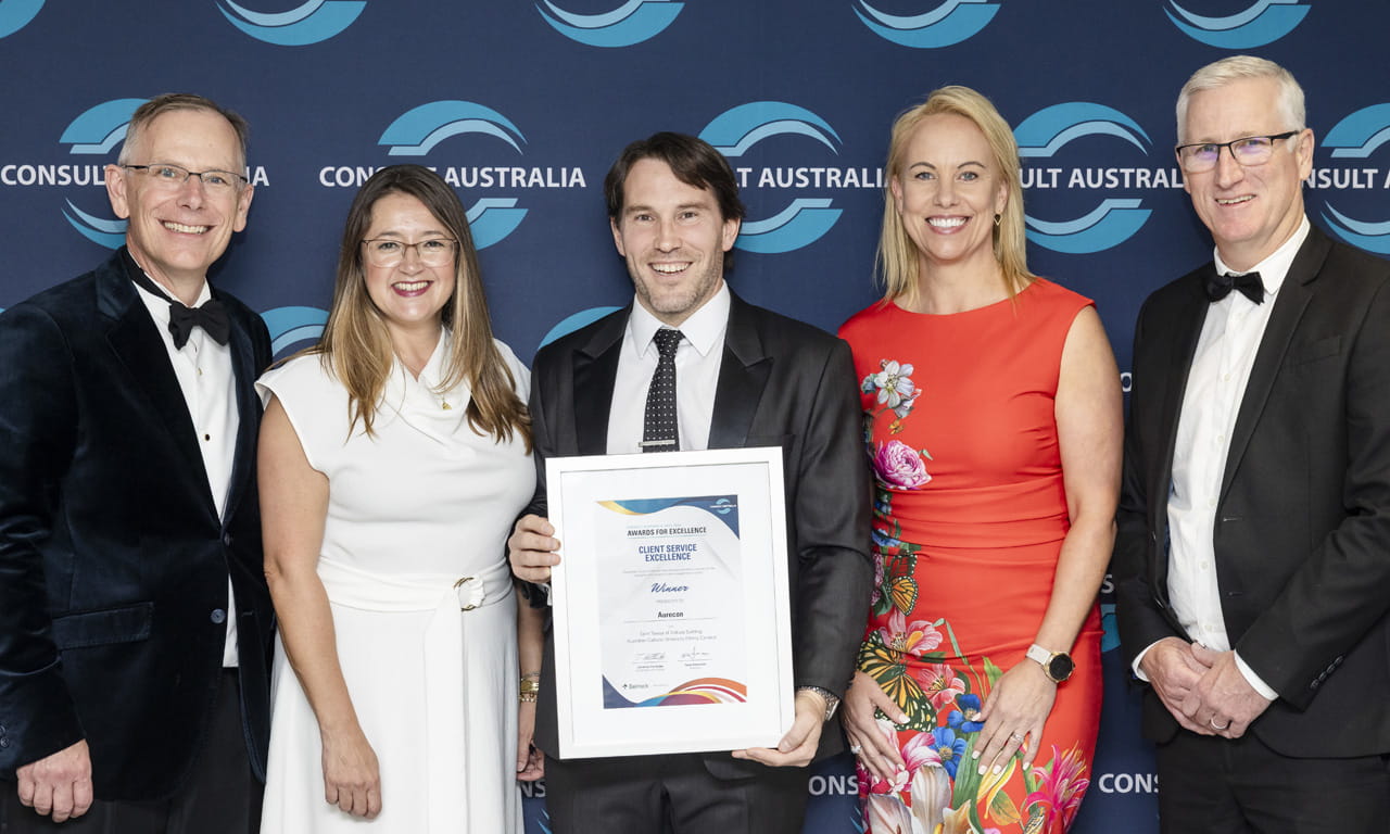 Aurecon won the Client Service Excellence Award for its exemplary service in managing the Australian Catholic University (ACU) − Saint Teresa of Kolkata Building project. Photo from Consult Australia.