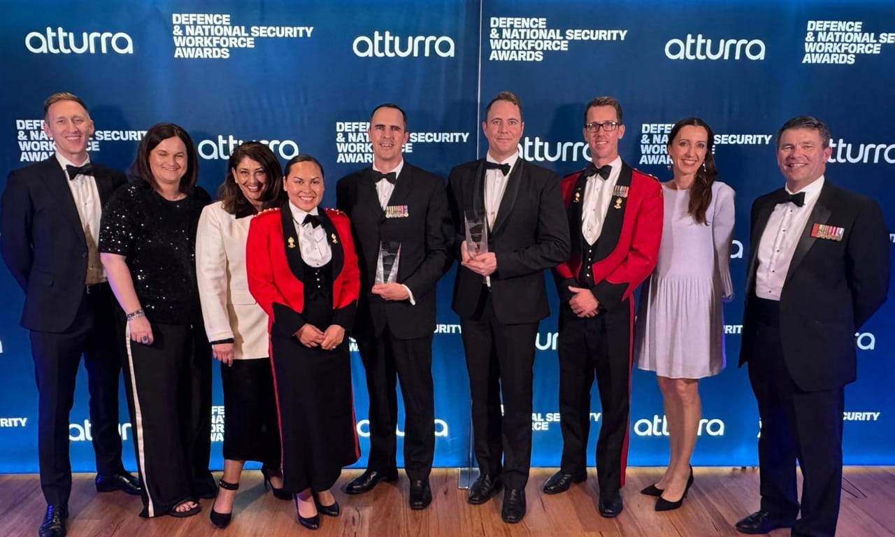 The Aurecon award attendees R-L: Damon Howes, Andrea Nejedlik, LTCOL Andrew Hansell, Commanding Officer/Chief Engineer − 19th Chief Engineer Works, Kyle Bradley, David Patterson, Brittany Harris, Nancy Francis, Kate Kalisz, Nathan Schubert.