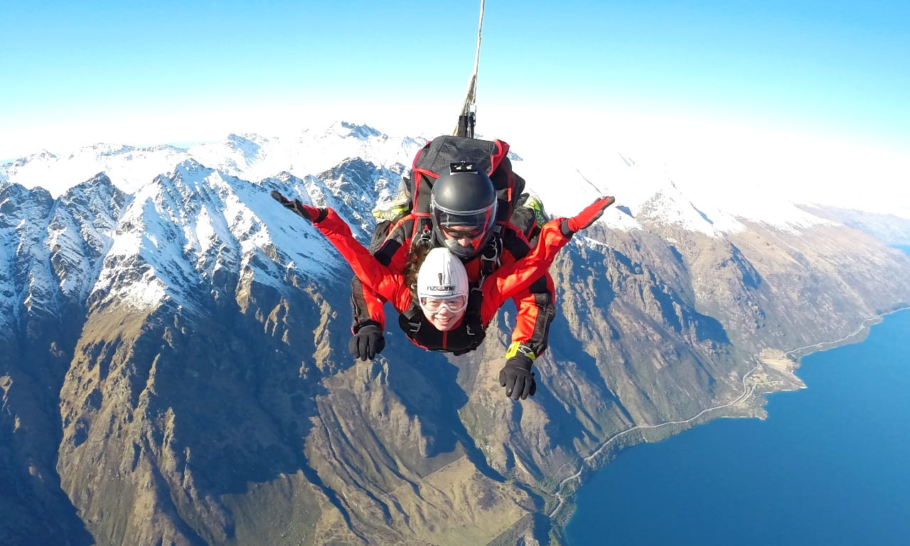 Jess at a skydiving experience in Queenstown, New Zealand.
