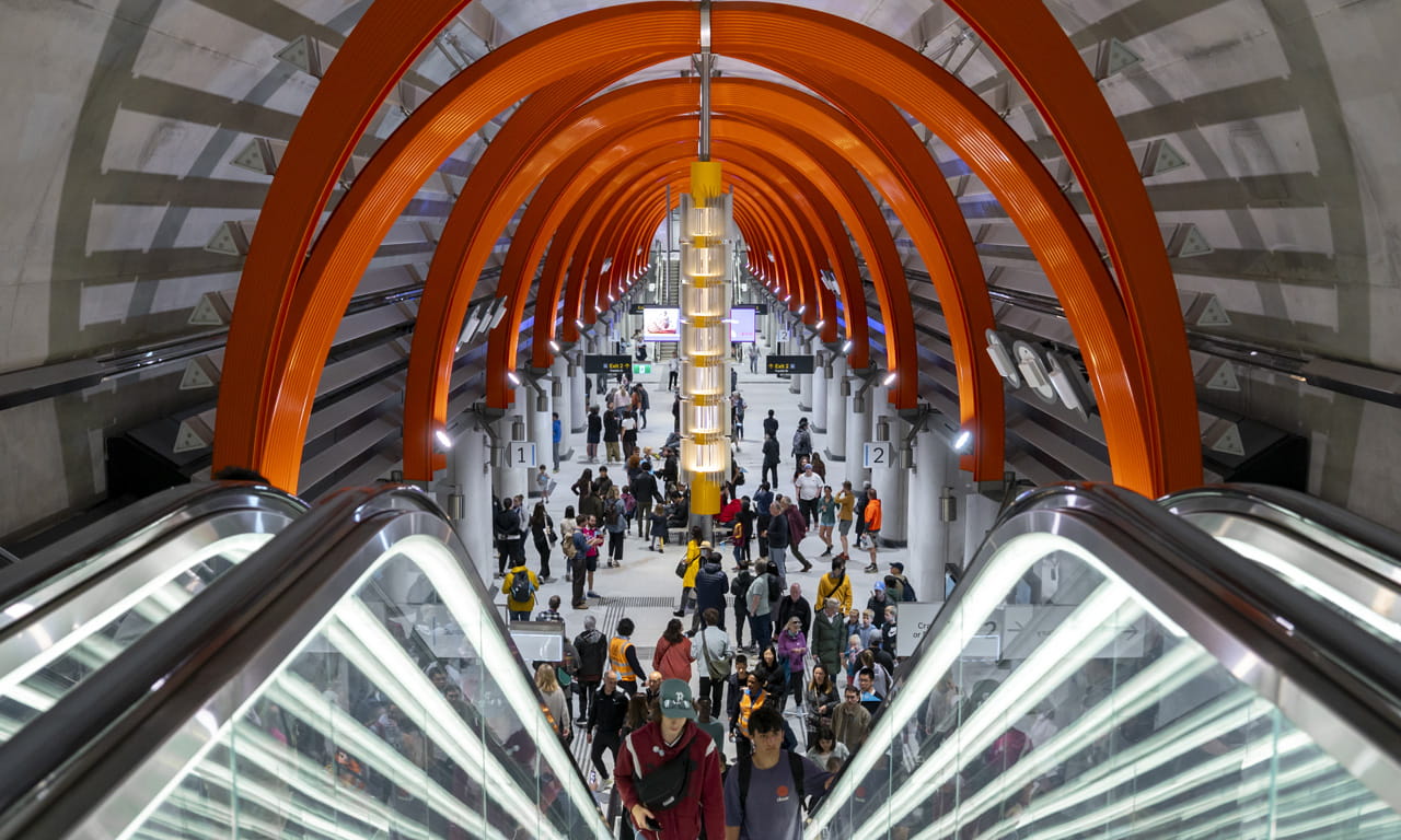 Escalator view of Town Hall Station opening week of Melbourne's Metro Tunnel.
