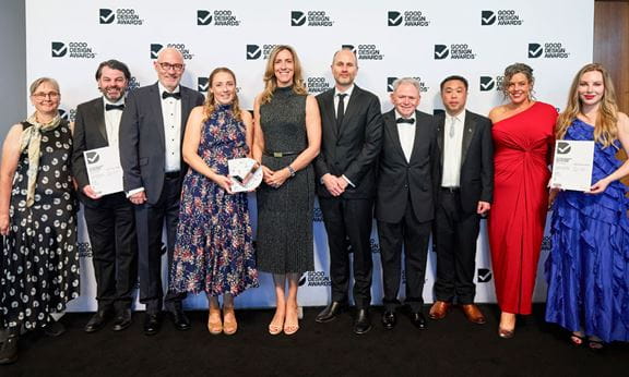 Aurecon and RMIT University representatives receive Best in Class award at the 2026 Australian Good Design Awards for Aurecon Design Academy. L-R: Anne Williams, Ken O’Neill, John Hilton, Stephanie Tranter, Tanya de Hoog, Liam Hayes, Professor Chris Eves (RMIT), Andy Mak, Lauren Davis and Dr. Karolina Bartkowicz (RMIT).