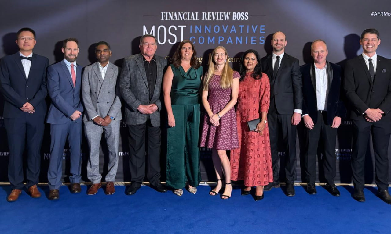 Aurecon recognised in the AFR BOSS Most Innovative Companies List 2026. L-R: Bing Lin, Scott Harvey, Kanagaramesh (Ramesh) Gurusamy, Giam Swiegers, Renene Windsor, Rachel Hicks, Sana Ahmed, Craig Waddell, Michael Diggle, Alex Owens.