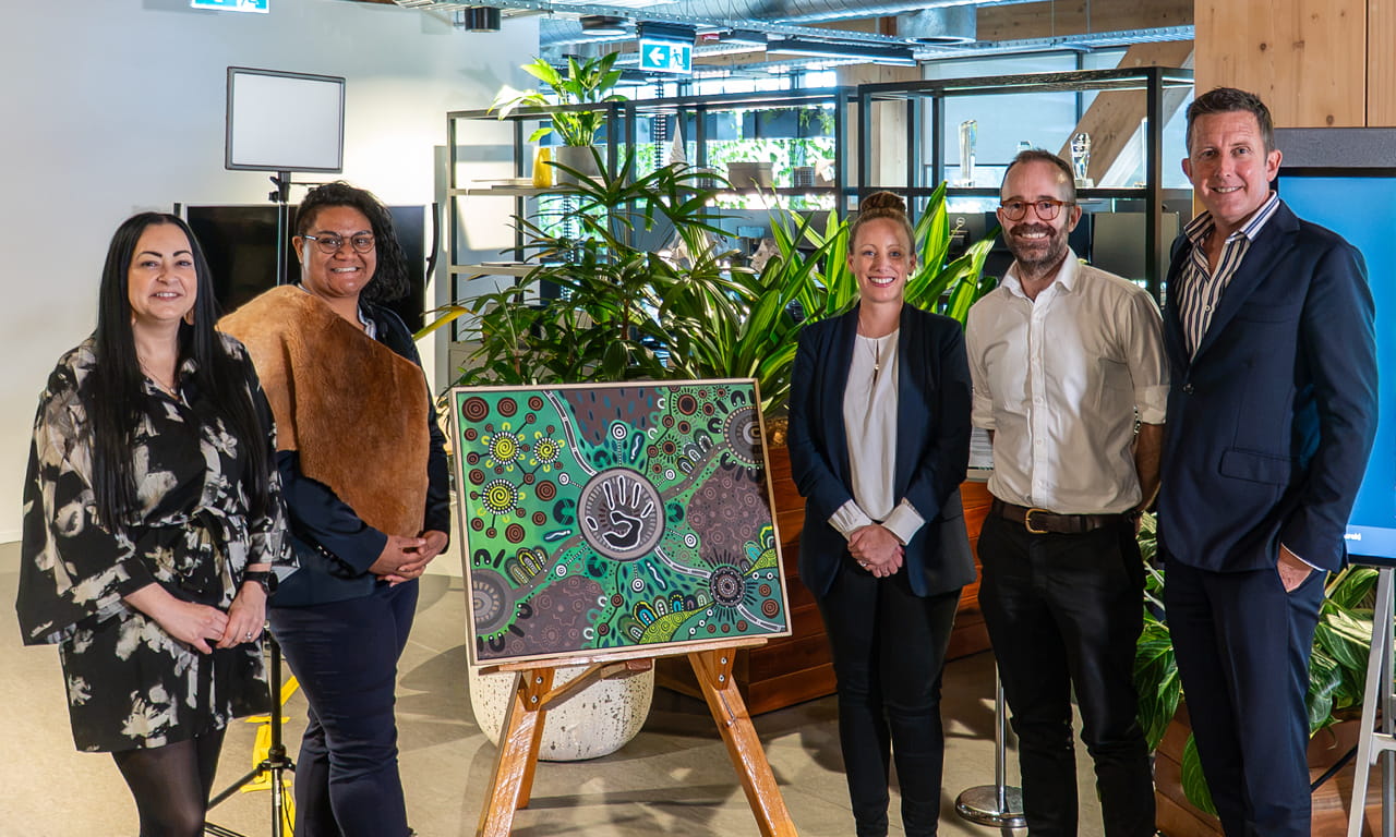 Aurecon launches Innovate RAP 2026/28 on 4 August 2026. L-R: Annie Cann, Reconciliation Action Plan Advisor; Refiti Tovi, proud Turrbal woman, niece of the late Turrbal Elder, Songwoman Maroochy Barambah; Mel Waanders, Senior Manager, Inclusion; James Rafferty Bridges &amp; Civil Structures Practice Leader and RAP Group co-lead; and Todd Battley, Chief Executive Australia.