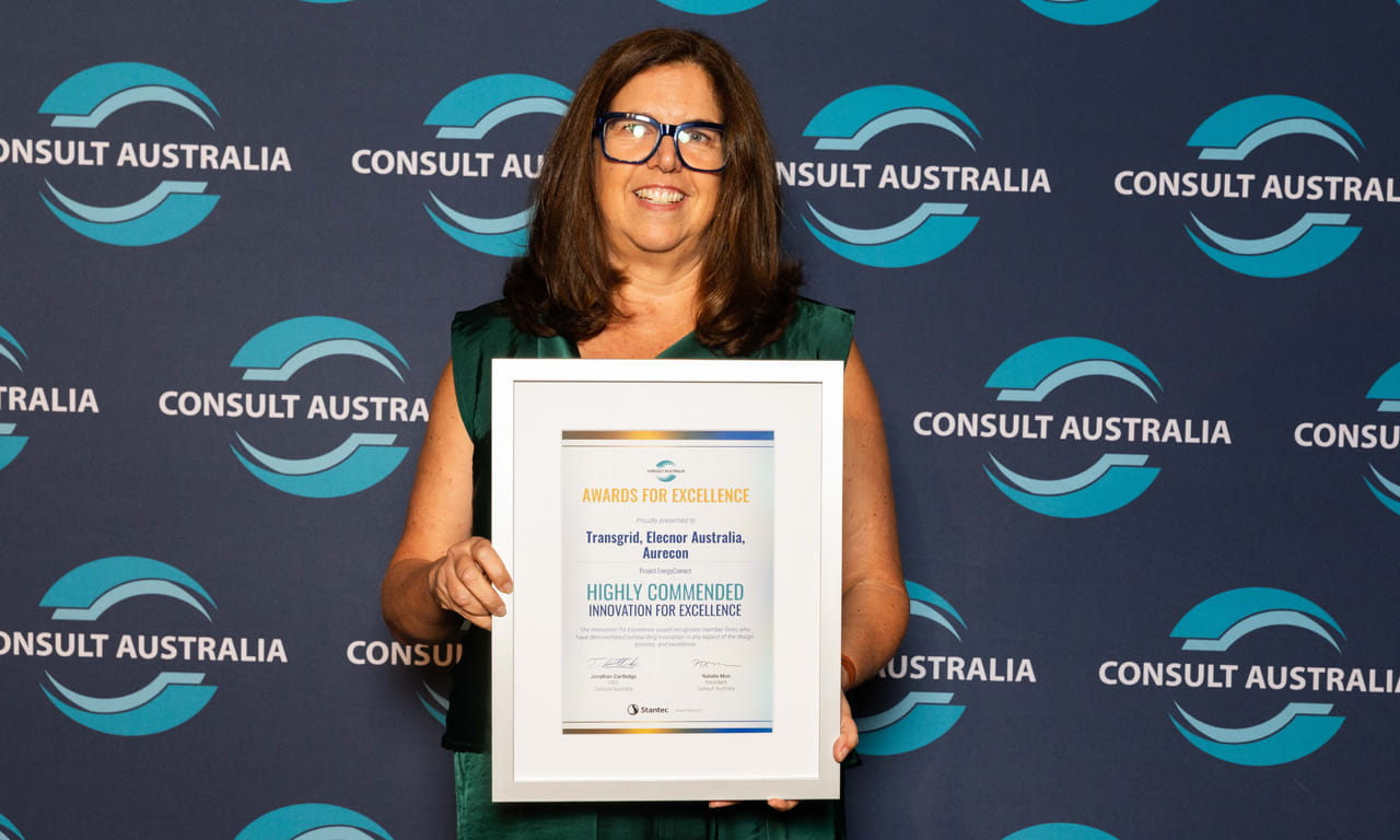 Renene Windsor, Industry Director, Energy, Aurecon accepting the High Commendation in the Innovation for Excellence Award category for the joint entry with Transgrid and Elecnor Australia.