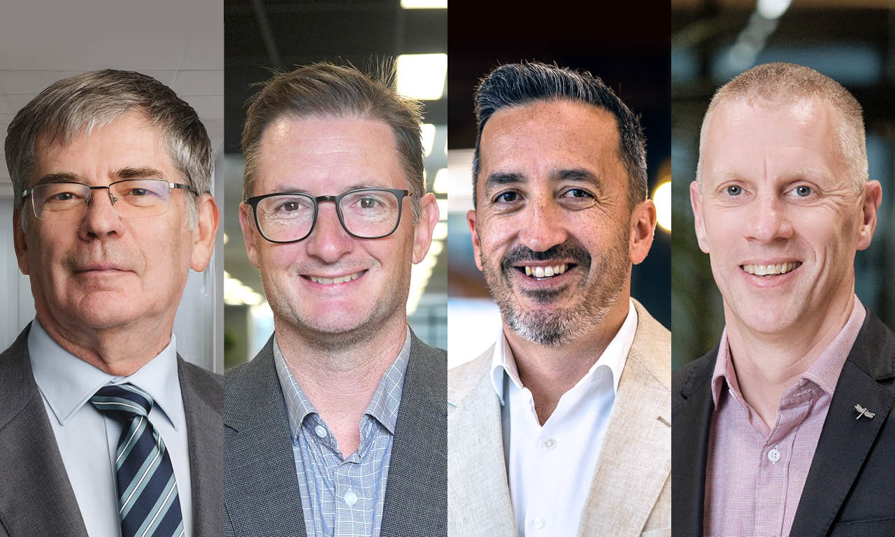L-R: Stephen Jenkins, David Hughes, Jonny Papa, and Tim Watterson. Four senior Aurecon leaders in Aotearoa New Zealand recognised with Fellowships from Engineering New Zealand.