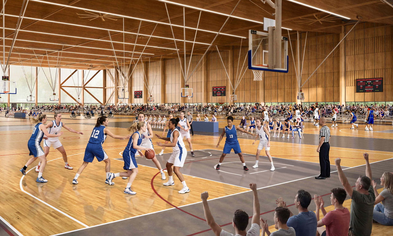 The new Centre will help address the increasing community demand for indoor sports facilities. Artist impression.