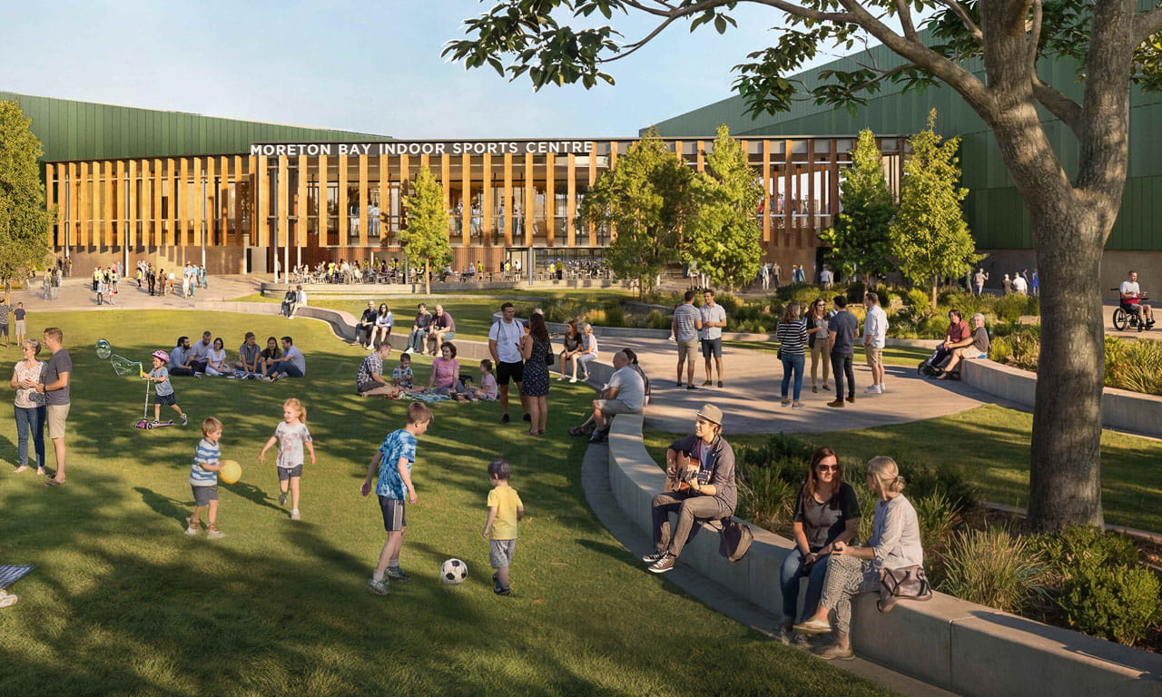 The new Moreton Bay Indoor Sports Centre will focus on outdoor spaces for the community to gather, play and celebrate. Artist impression.