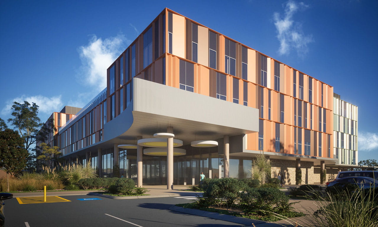 Artist impression. The new Mandurah hospital redevelopment at the Peel Health Campus in Western Australia.