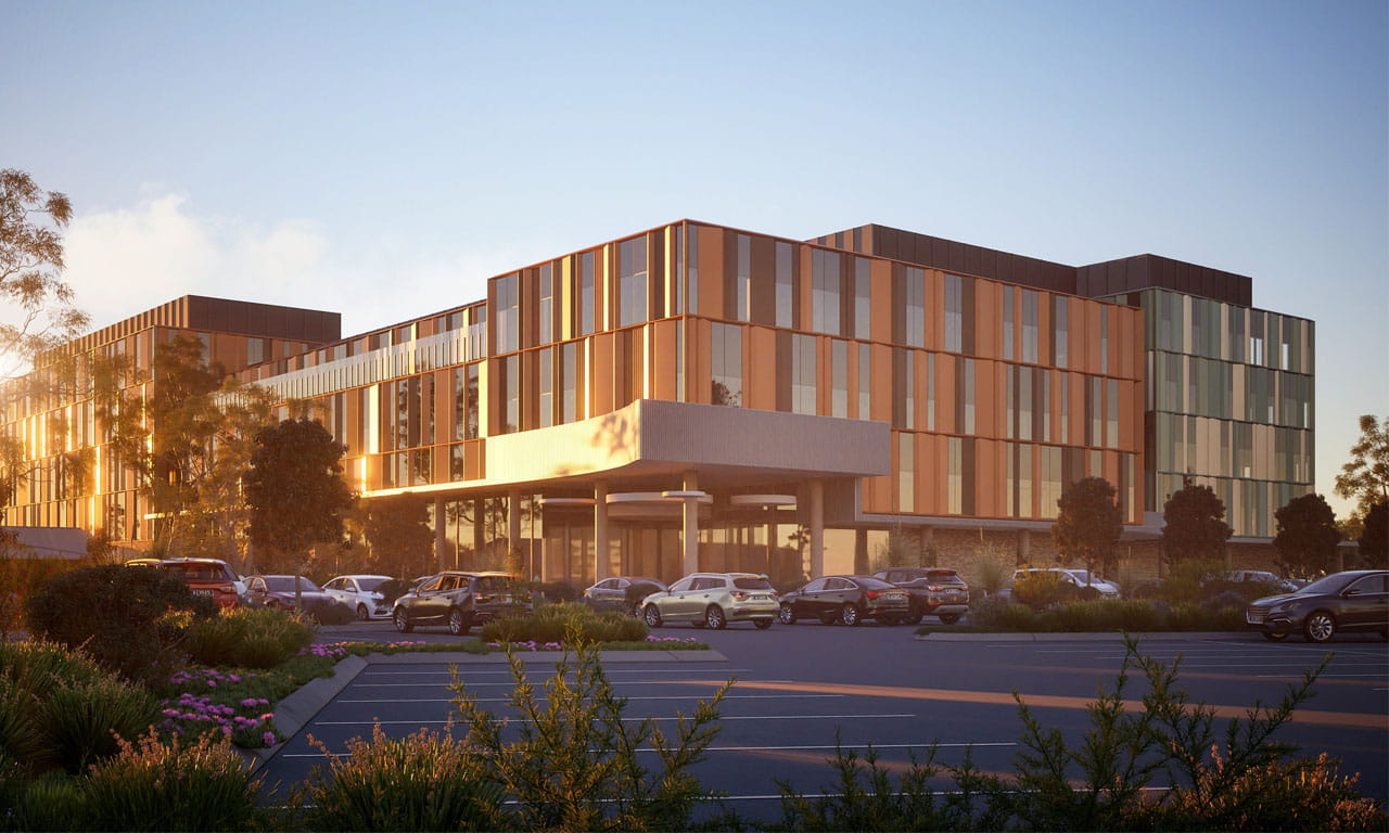 Artist impression. The new Mandurah hospital redevelopment at the Peel Health Campus in Western Australia.