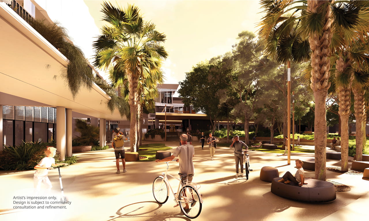 This artist’s impression of the first stage of The Wave heavy passenger rail line shows a vibrant, pedestrian-friendly precinct designed for the community.