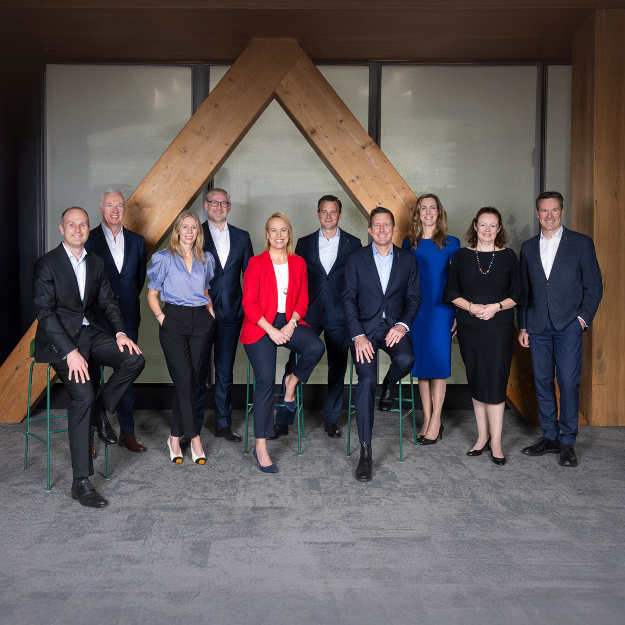Aurecon's Executive Leadership Team. L-R: Liam Hayes (CPO), Andrew Muller (CFO), Tracey Ryan (CE for New Zealand), Scott Powell (COO), Louise Adams (CEO), Gabe Carter (CE for Asia), Todd Battley (CE for Australia), Tanya de Hoog (CEEIO), Emily Sunman (CLRO) and Andrew Maher (CCGO).