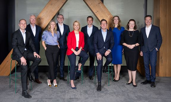 Aurecon's Executive Leadership Team. L-R: Liam Hayes (CPO), Andrew Muller (CFO), Tracey Ryan (CE for New Zealand), Scott Powell (COO), Louise Adams (CEO), Gabe Carter (CE for Asia), Todd Battley (CE for Australia), Tanya de Hoog (CEEIO), Emily Sunman (CLRO) and Andrew Maher (CCGO).