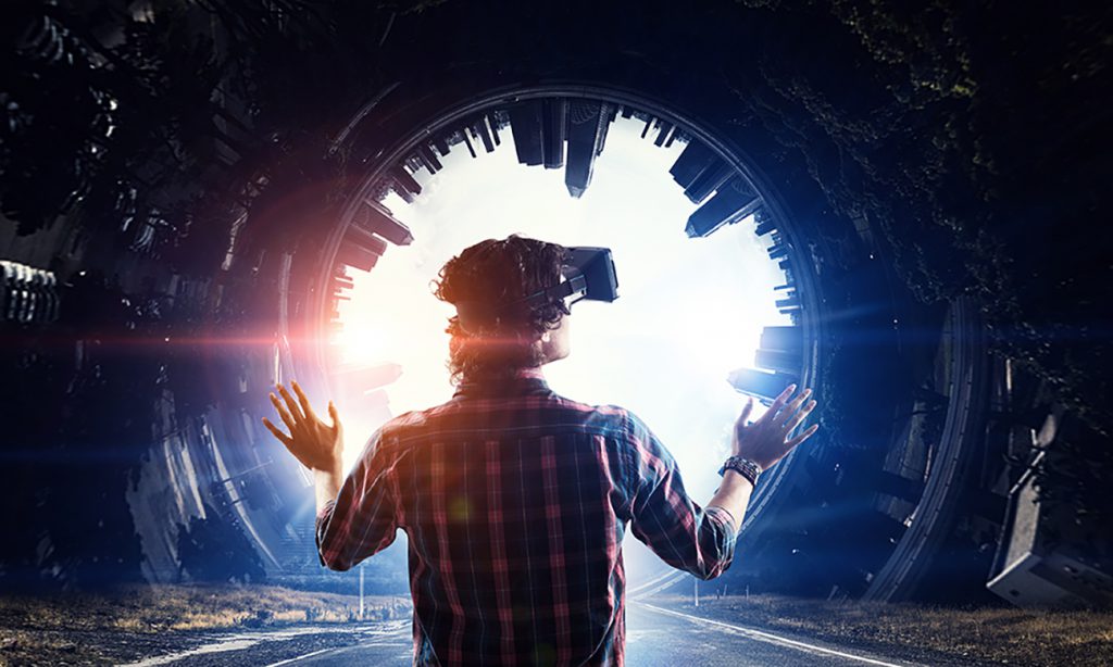 Man wearing gear experiencing virtual reality