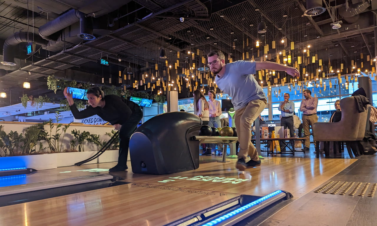 Canberra Office: After work bowling with Canberra team members, Taira Vora (left) and Sean Welch (right).