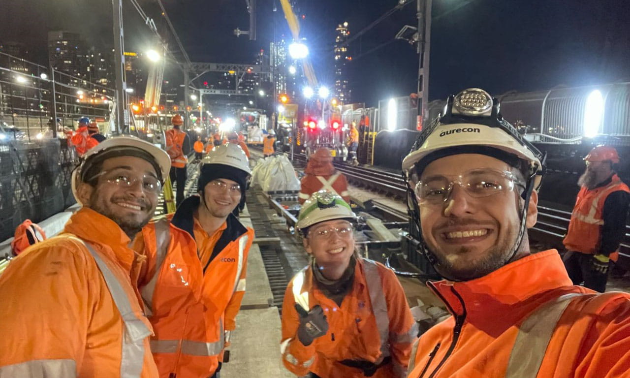 Sydney Onsite: (L-R) Ian Lemes, Georgi Georgieff, Eloise Harch, and Andre Fonzar on site survey for rail project in Sydney.