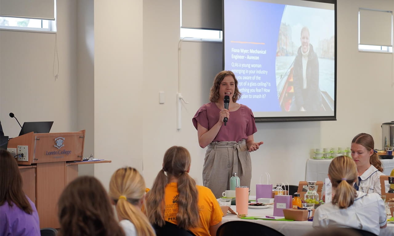 Fiona speaking at a practical workshop for students considering engineering as a career.