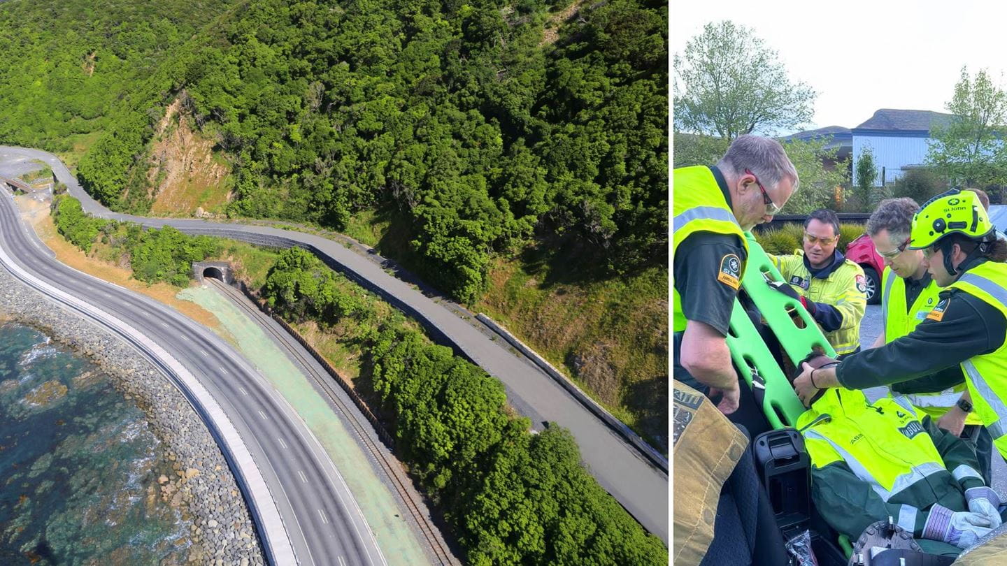 Restored road infrastructure for Kaikōura township juxtaposed next to Stuart Hamilton, working as EMT.