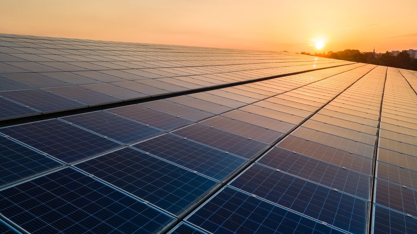 Solar panels at sunset.