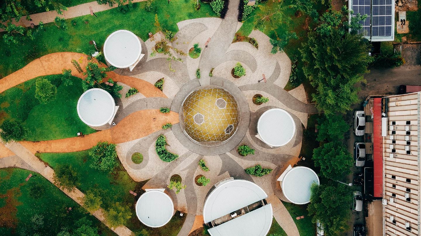 Birds eye view of a building and garden