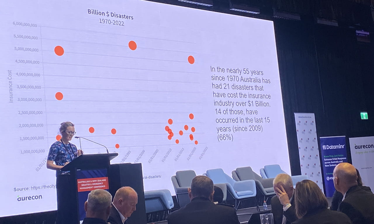 Aurecon's Katie Vines presenting at the Australia &amp; New Zealand Disaster and Emergency Management Conference 2025.