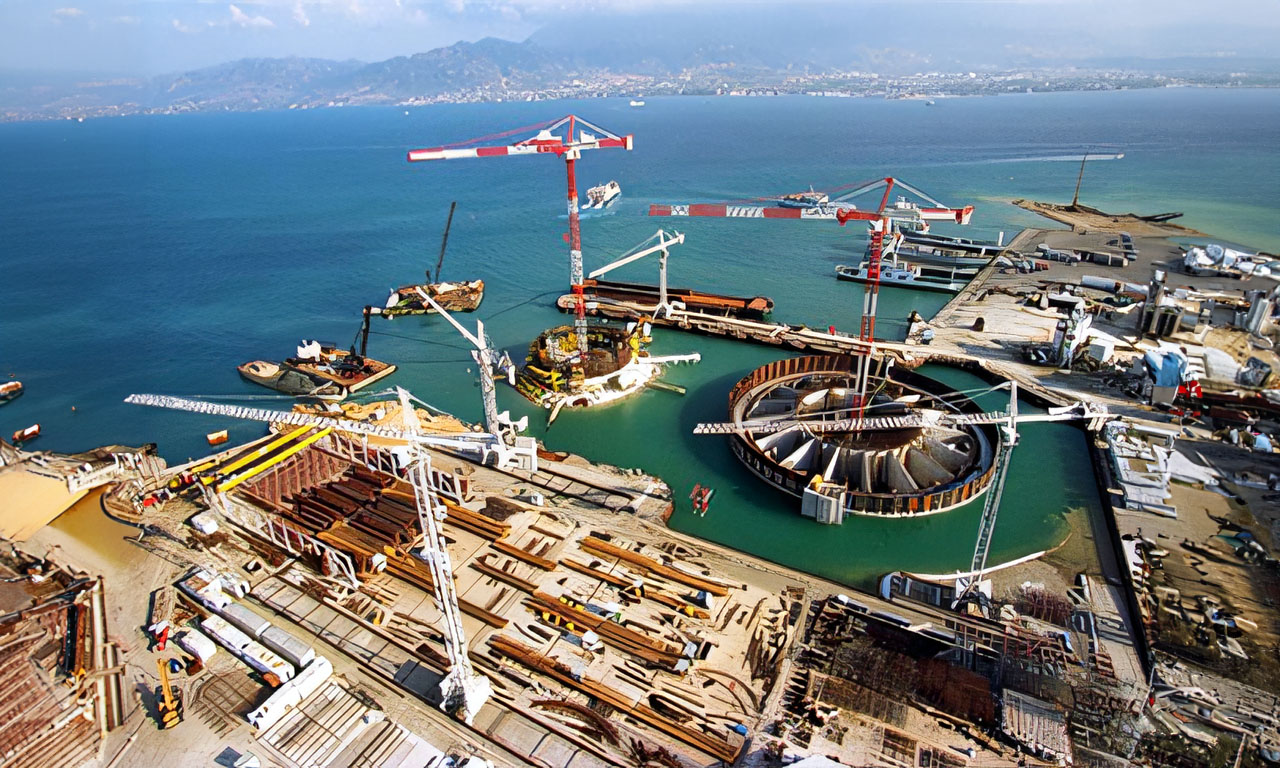 Figure 2. Pylon bases for Rion – Antirion Bridge being prepared for in the dry dock for floating to position at sea.