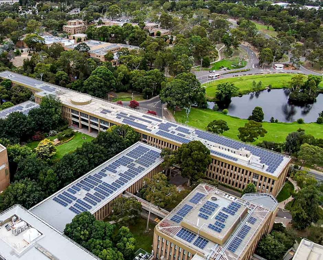 Solar panels covering the roofs of La Trobe University.