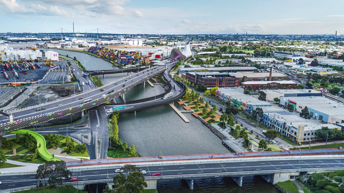 Visual render of the Maribyrnong Bridge and Northern Tunnel portal for the West Gate Tunnel project.