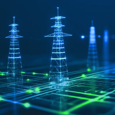 Digital rendering of transmission towers and power network