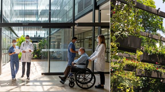 Building hospitals as living systems, resilient and adaptive healthcare infrastructure, and sustainable design.