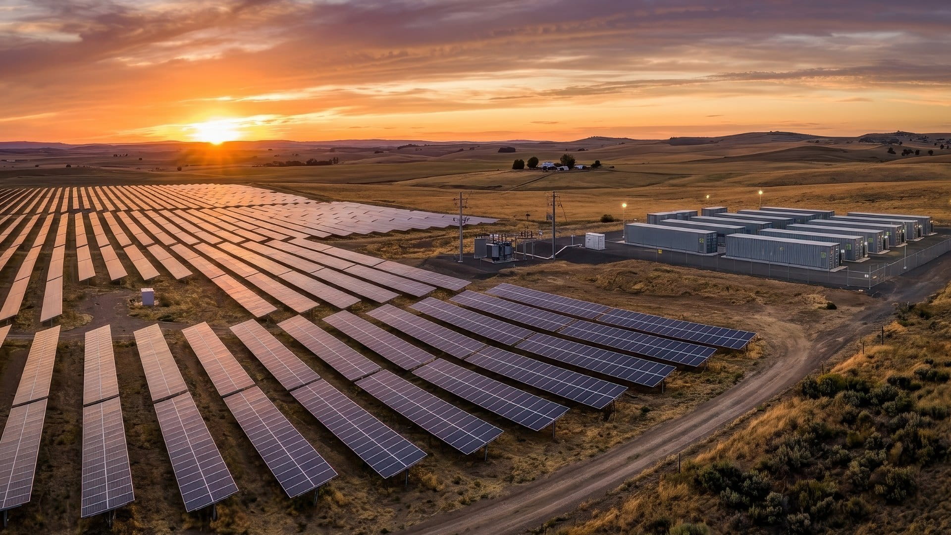 A large-scale solar farm integrated with a Battery Energy Storage System (BESS).