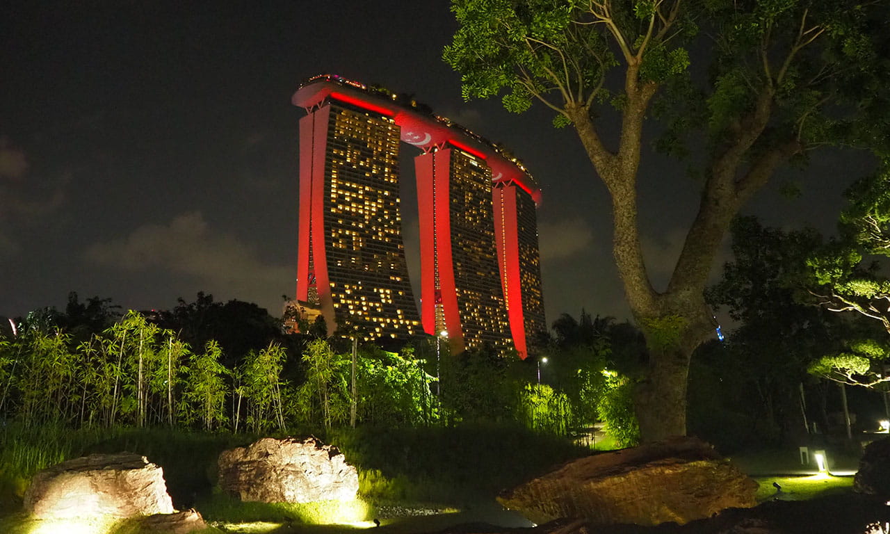 Figure 1a. 02 August 2020, 11.00pm. Landscape and facade lighting from the gardens overlooking Marina Bay Sands, Singapore are contributing light spill into the sky.