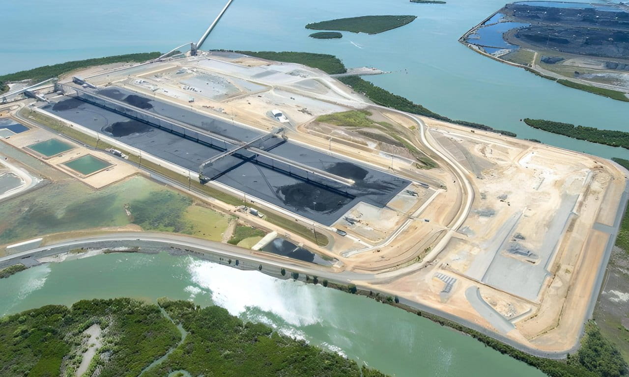 Aerial view of the stockyard at Wiggins Island Coal Terminal.